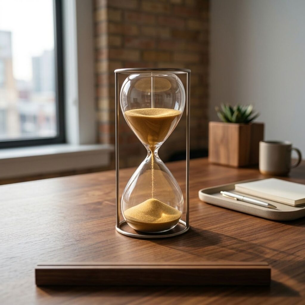  A realistic hourglass with golden sand flowing smoothly, soft natural lighting, minimal elegant background, time passing concept, cinematic lighting, professional photography style, high detail, modern minimal aesthetic