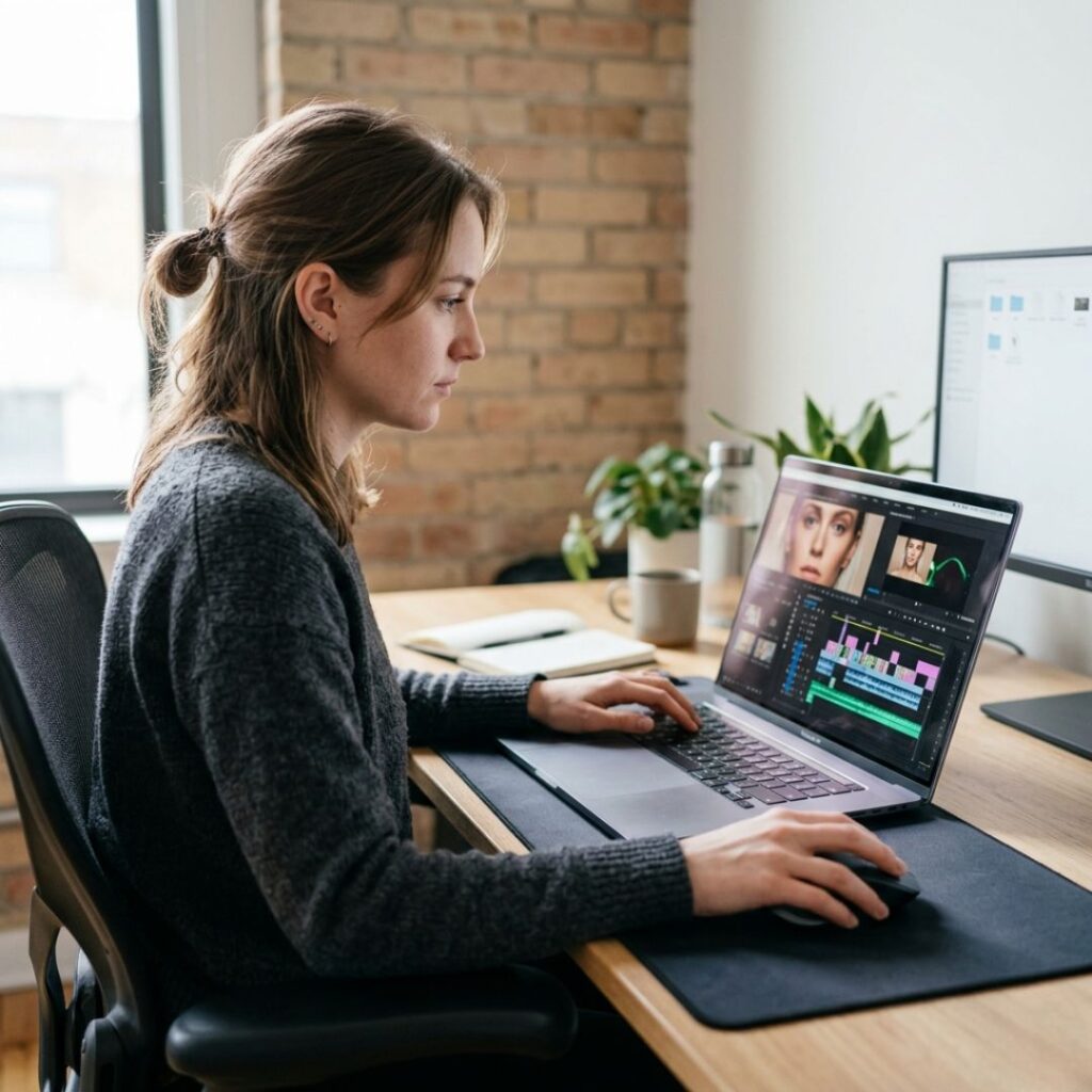 A professional freelancer working on a laptop editing photos and videos, zooming into small details on the screen, digital editing timeline visible, hand using a mouse or graphic tablet, modern workspace desk, soft natural lighting, minimal clean background, realistic photography style, high detail, professional creative workspace, 