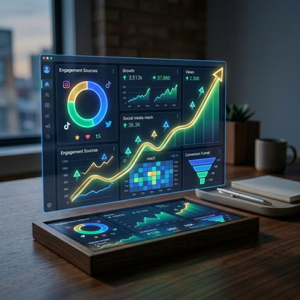 A modern digital analytics dashboard with a glowing rising graph and upward arrows representing trending growth, futuristic interface design, dark minimal background, vibrant data visualization, digital marketing and social media trend concept, ultra realistic, cinematic lighting, 