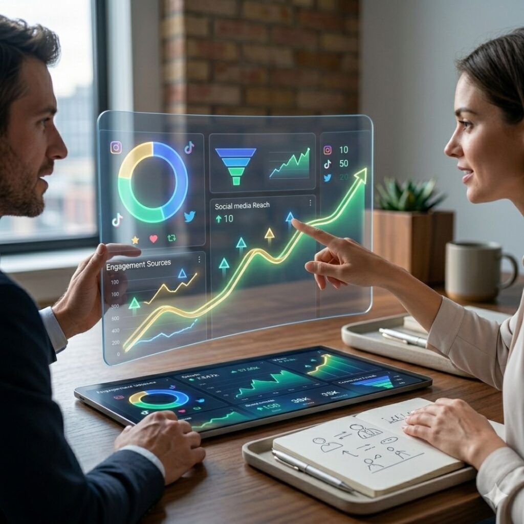 A professional business meeting scene with two people discussing ideas over a tablet and notebook, collaborative discussion concept, modern office environment, soft natural lighting, minimal aesthetic workspace, realistic photography style, high detail, clean background, square composition,